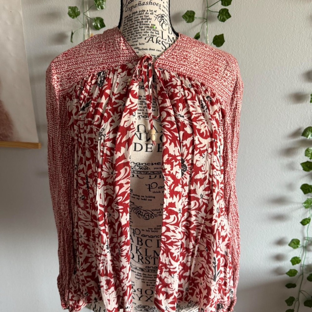 Free People Red and Cream Tie-Neck Blouse